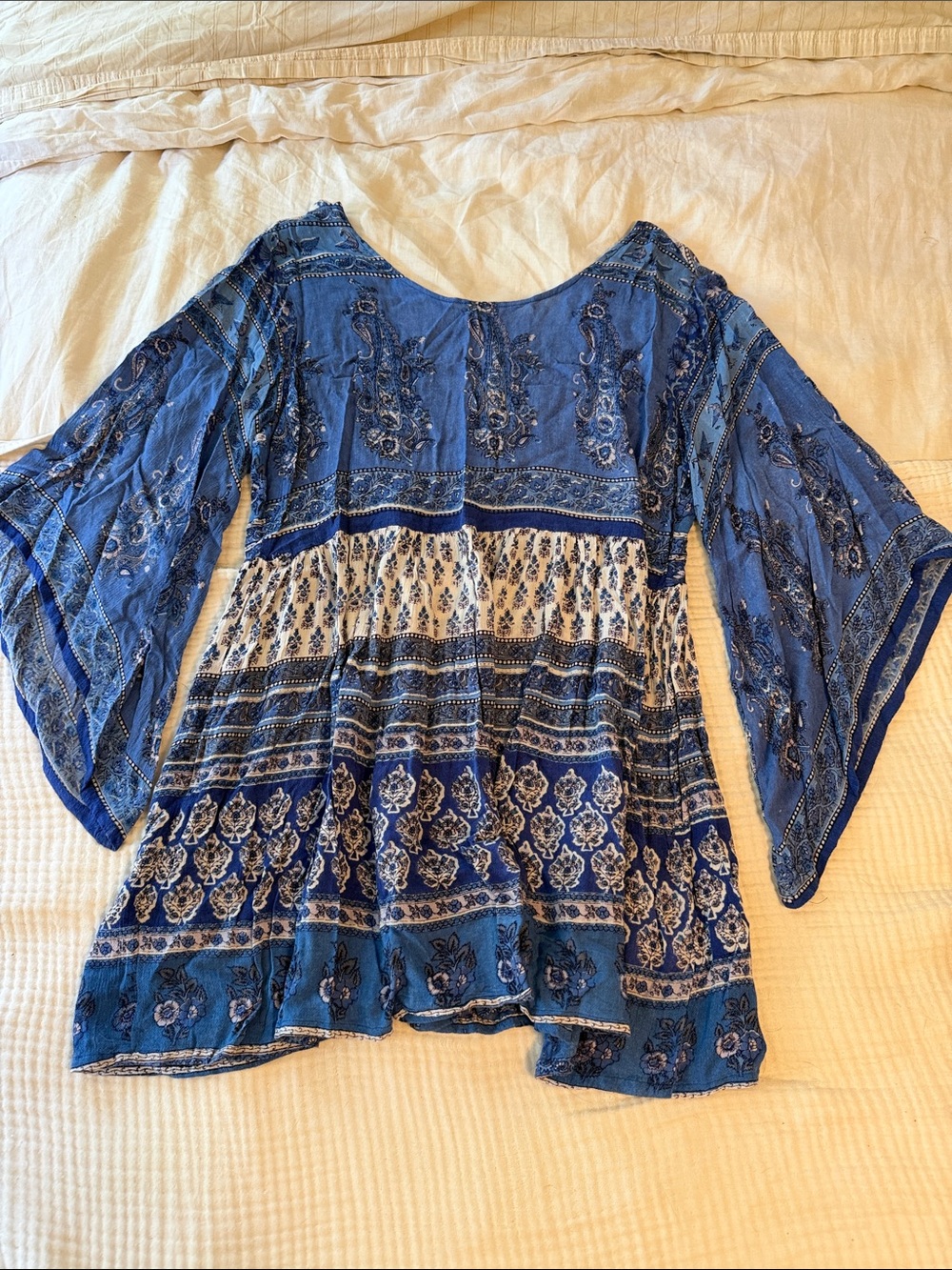 Blue Printed Boho Tunic Dress with Bell Sleeves